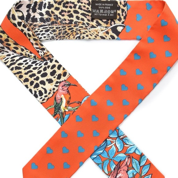 Hermès Silk Jungle Love Love Twilly Orange Bleu Brun Authentic - Picture 2 of 6